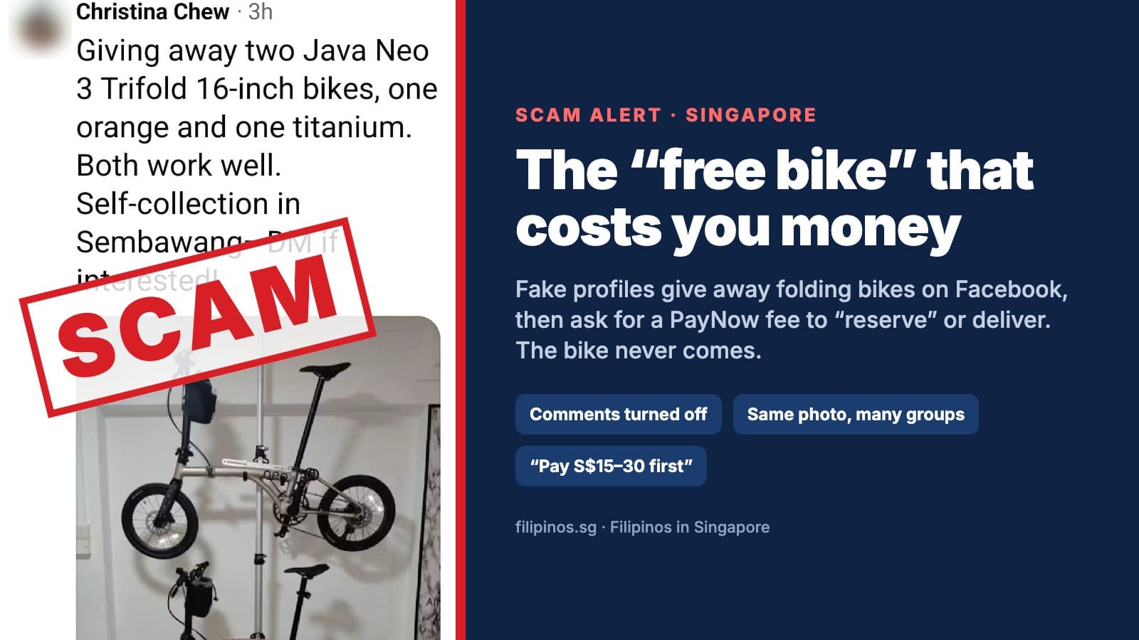 Screenshot of the fake Christina Chew bike giveaway post, stamped SCAM