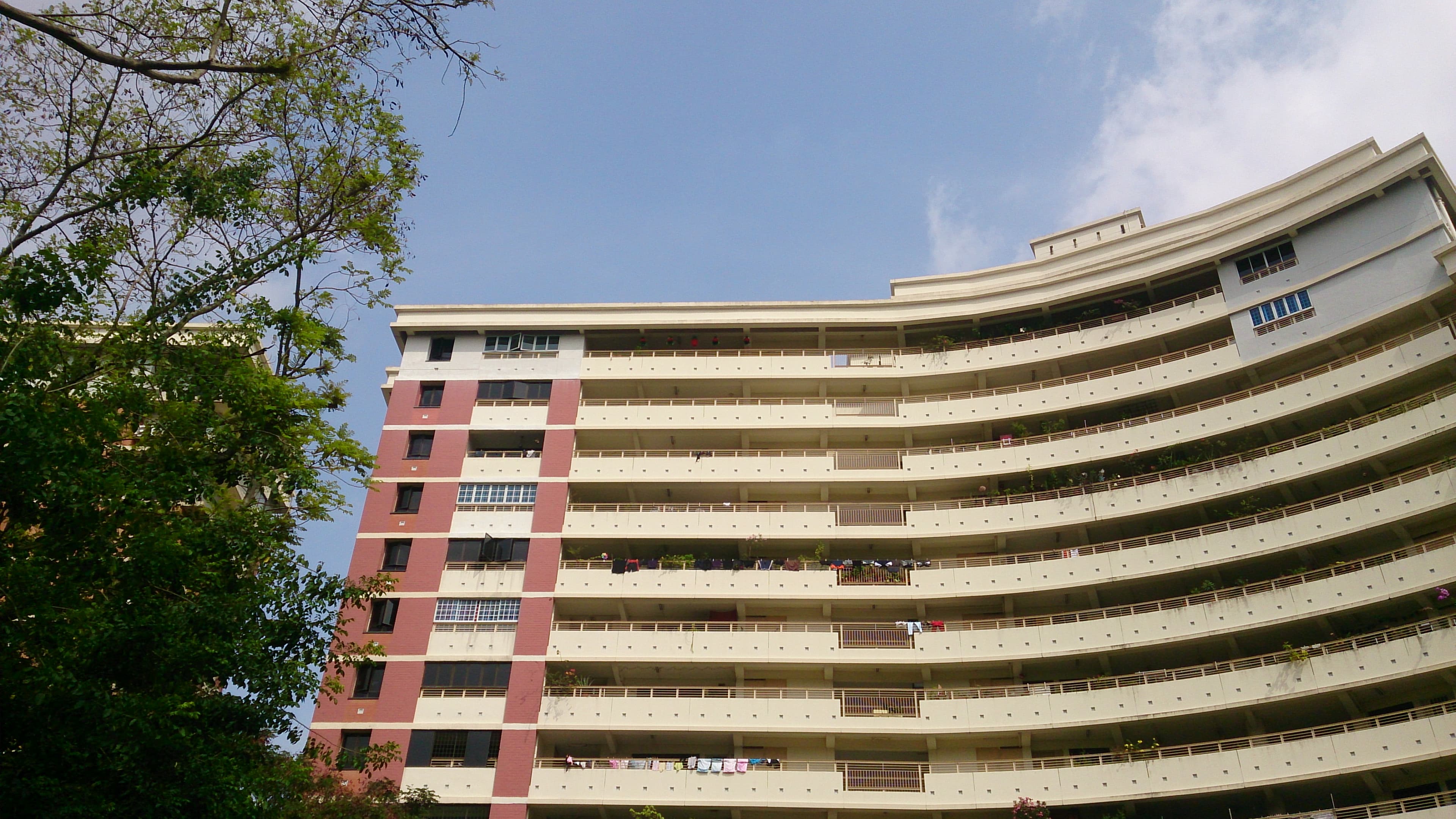Rows of Singapore HDB public housing blocks under a blue sky