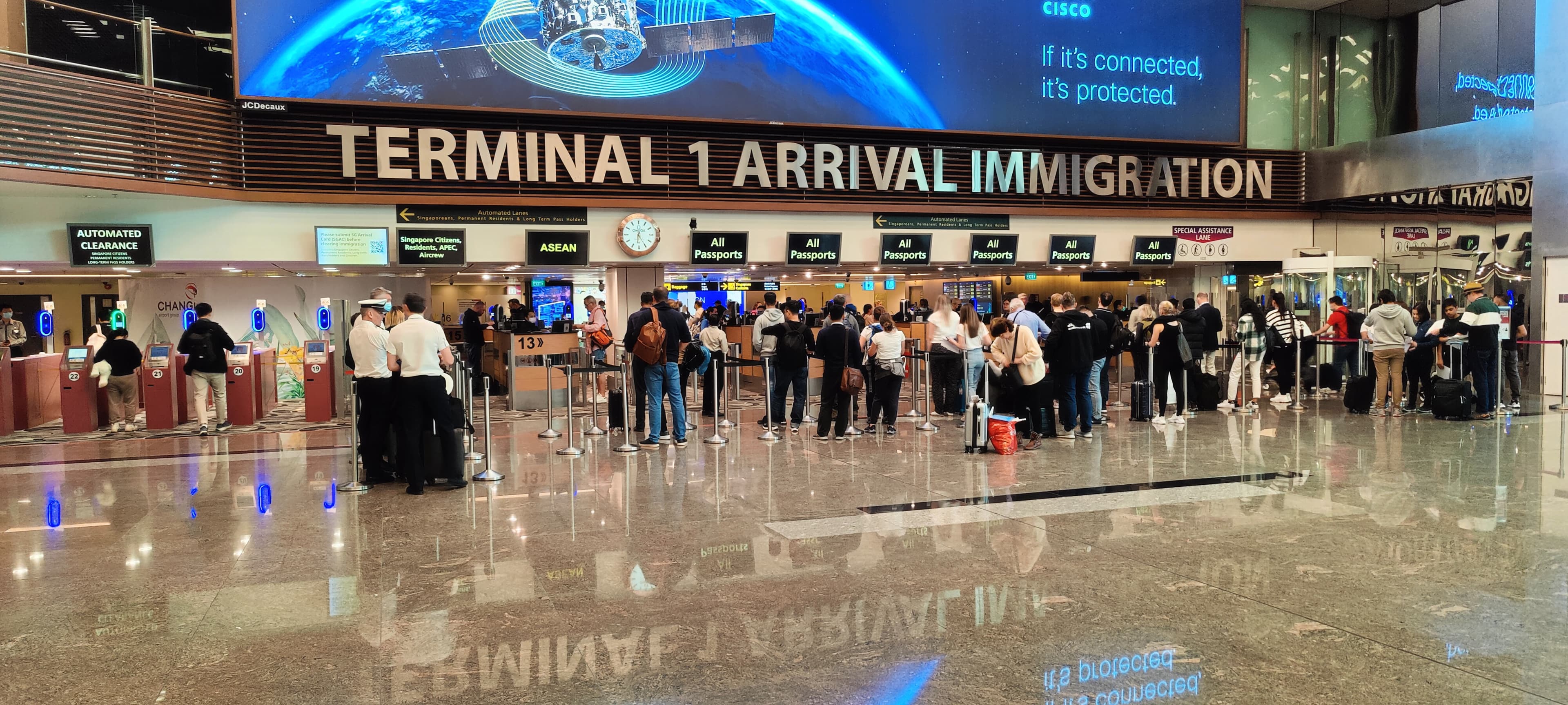 Arrival immigration hall at Changi Airport Terminal 1 in Singapore